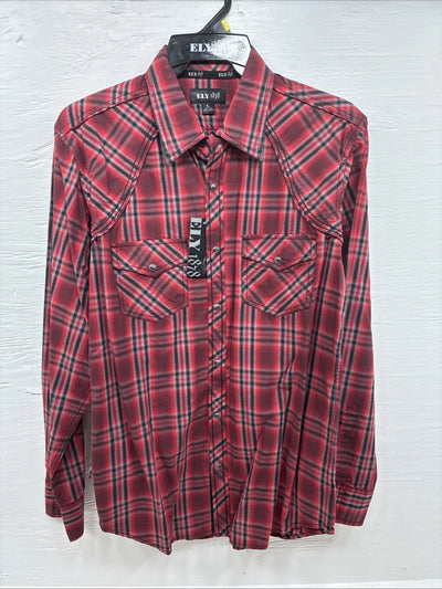 New Men’s ELY 1878 Red Black Plaid Long Sleeve Pearl Snap Large Q-51