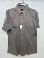 New Men’s White Horse brown Plaid Short Sleeve Pearl Snap Large CC-34