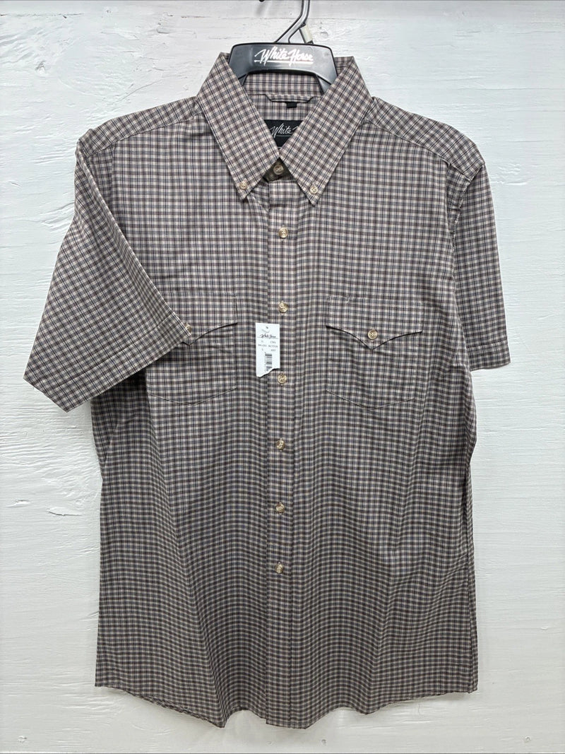 New Men’s White Horse brown Plaid Short Sleeve Pearl Snap Large CC-34