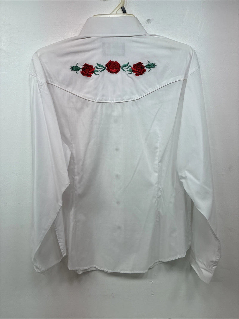 New Womens White Horse White Rose Long Sleeve Pearl Snap Large II-91