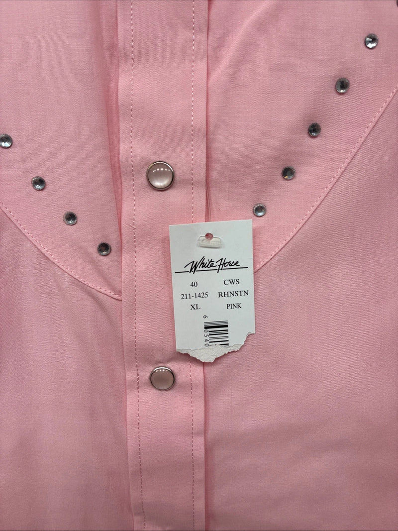 New Women’s White Horse Pink Gem Long Sleeve Pearl Snap XL GG-70