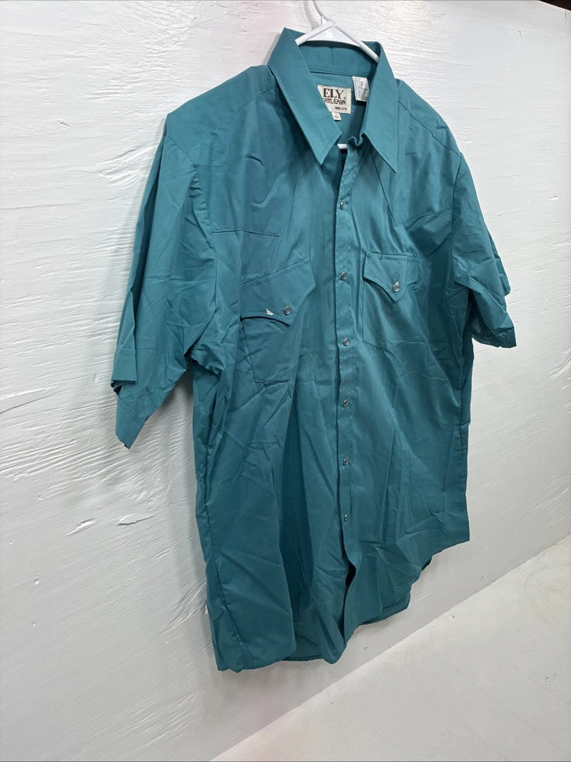 New Men’s ELY Cattleman Teal Short Sleeve Pearl Snap 16.5 Large X-67