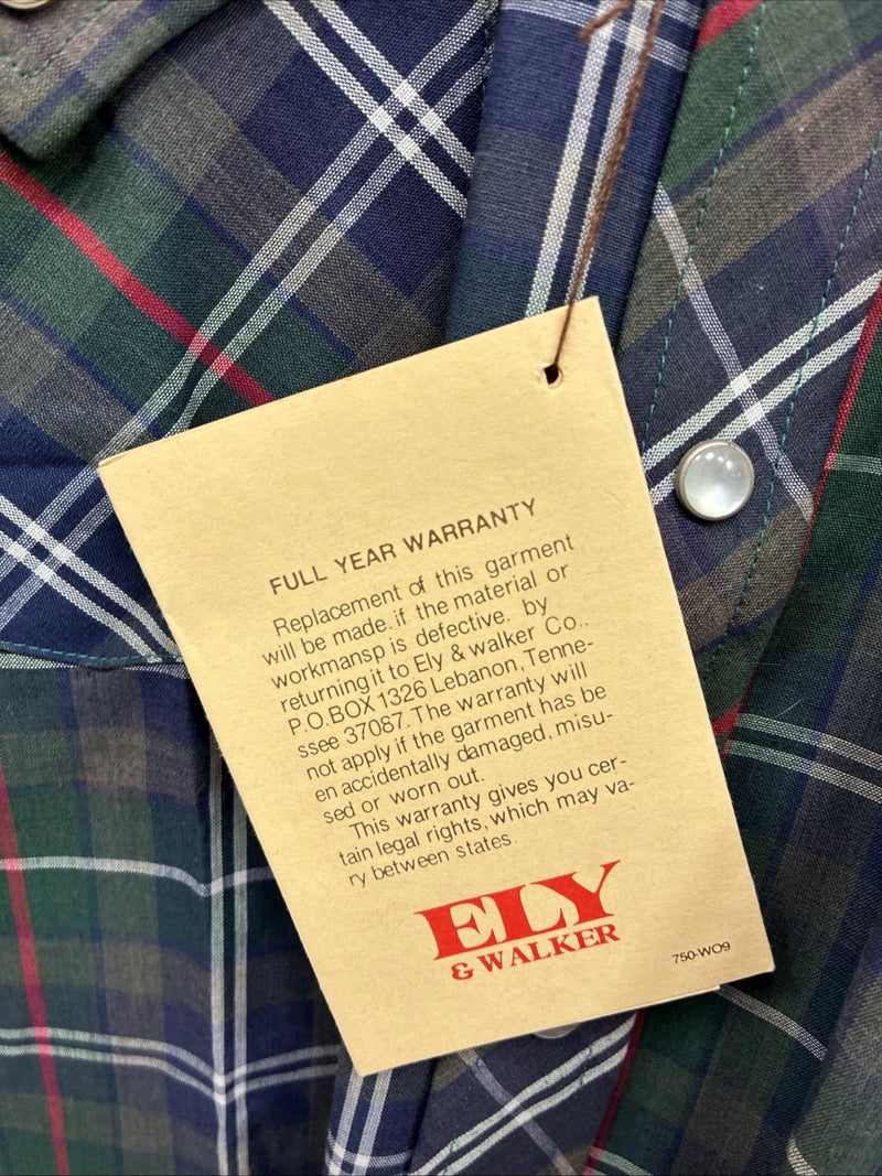 New Men’s ELY Plains Green Blue Plaid Long Sleeve Pearl Snap 16.5 Large Q-85