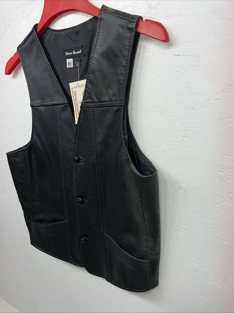 New Women’s Steerbrand Black Leather Biker Vest Small S-601