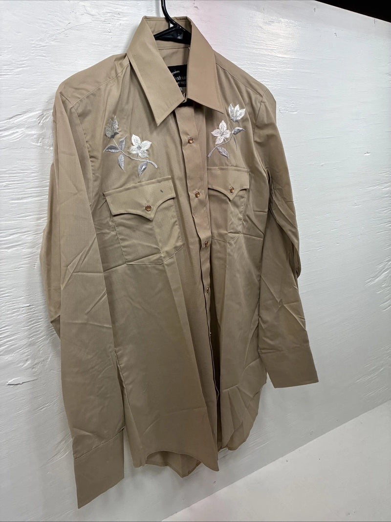 New Men’s Champion Western Brown Designed Long Sleeve Pearl Snap Medium J-78