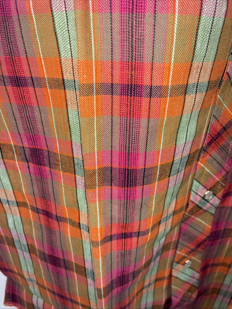New Men’s Champion Western Orange Pink Plaid Long Sleeve Pearl Snap Small AA-88 