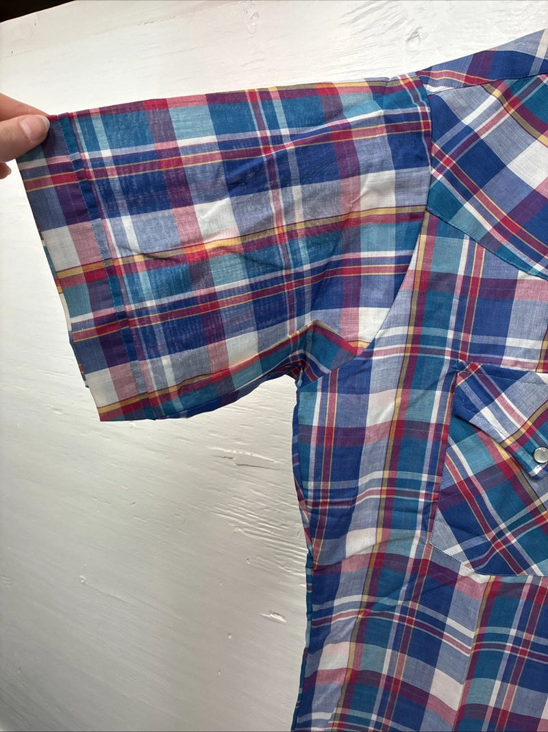 New Men’s ELY Cattleman Blue Plaid Short Sleeve Pearl Snap Medium AA-116 