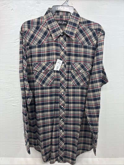 New Men’s White Horse Brown Blue Plaid Long Sleeve Pearl Snap Large Tall X-74