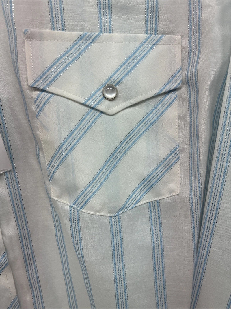 New Women’s White Horse White Blue Stripe Long Sleeve Pearl Snap Large YY-125