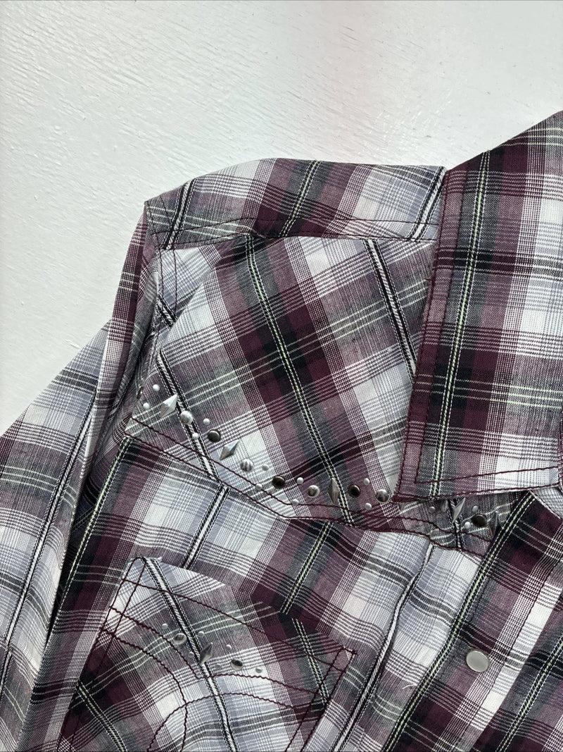 New Women’s Cumberland Purple Plaid Long Sleeve Pearl Snap 1XL GG-23