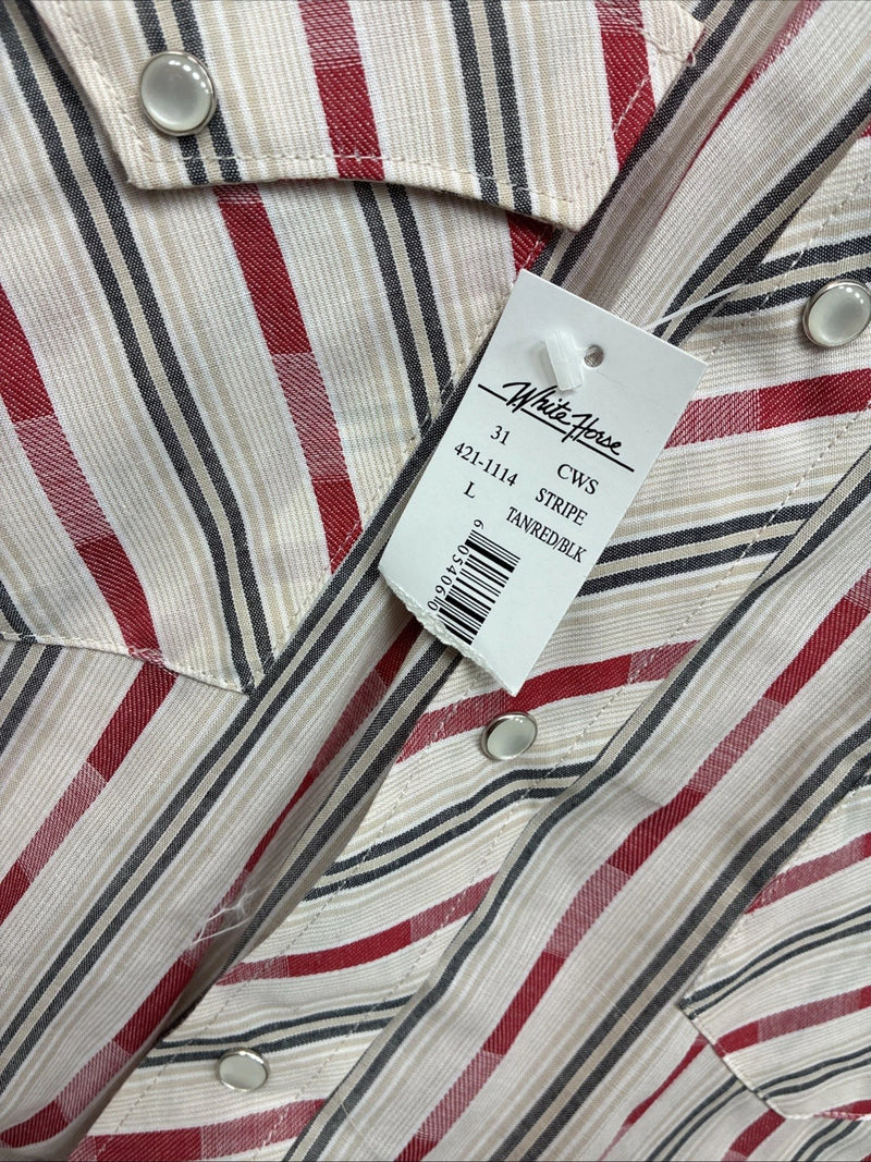 New Women’s White Horse Red White Stripe Short Sleeve Pearl Snap Large YY-116
