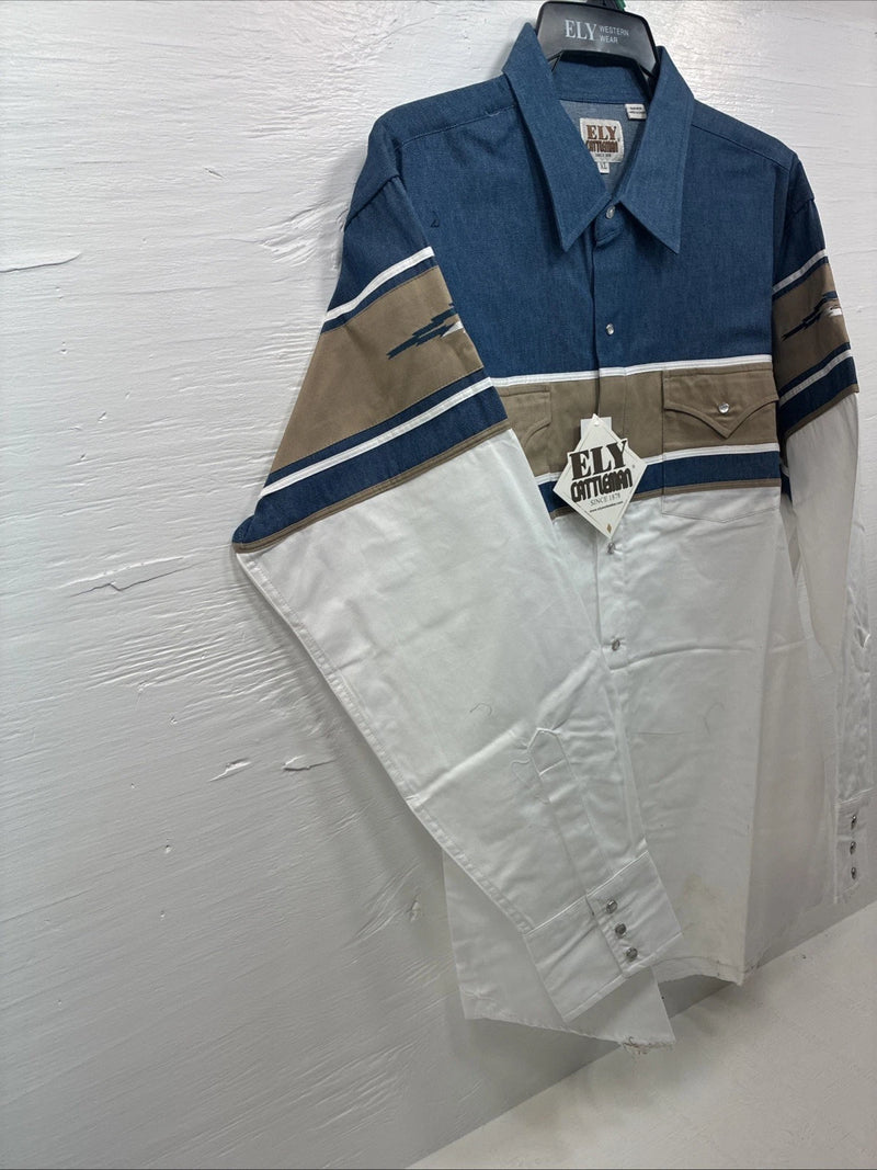New Men’s ELY Cattleman White Blue Tan Western Long Sleeve Pearl Snap XL R-55
