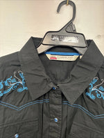 New Women’s Cumberland Black Blue Design Long Sleeve Pearl Snap 2XL GG-35