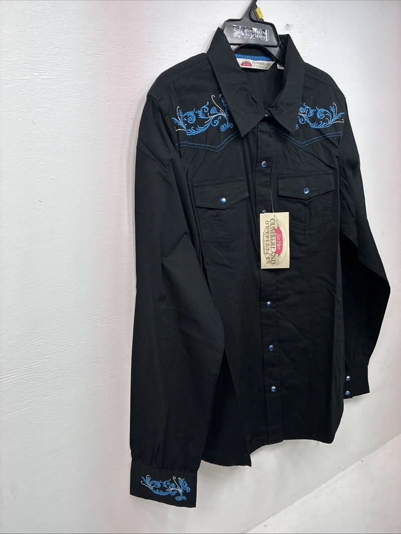 New Women’s Cumberland Black Blue Design Long Sleeve Pearl Snap Large GG-87