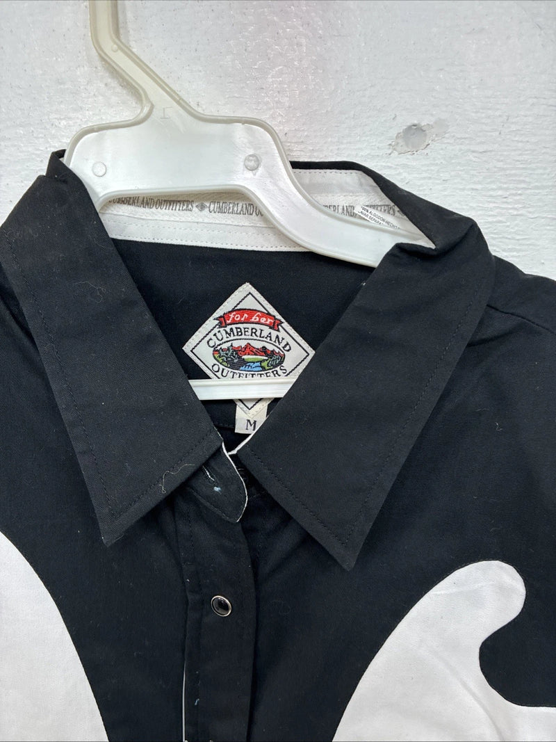 New Women’s Cumberland Black White Short Sleeve Button Up Medium YY-81