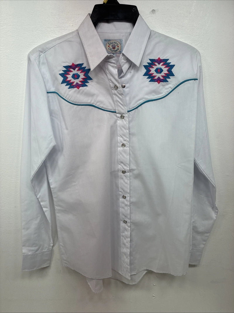 New Women’s Country Charmer White Design Long Sleeve Pearl Snap Medium LL-4
