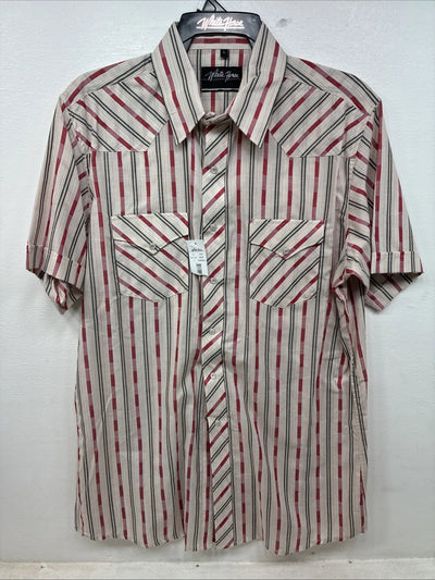 New Women’s White Horse Red White Stripe Short Sleeve Pearl Snap Large YY-116