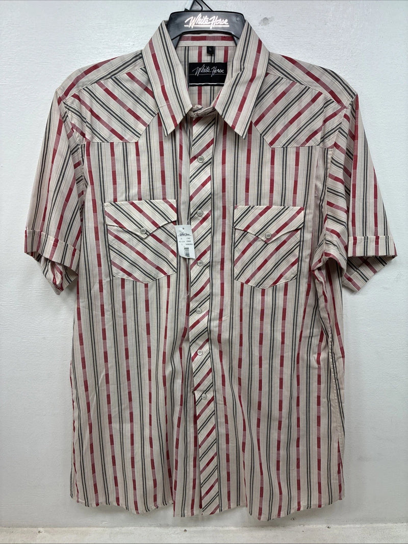 New Women’s White Horse Red White Stripe Short Sleeve Pearl Snap Large YY-116