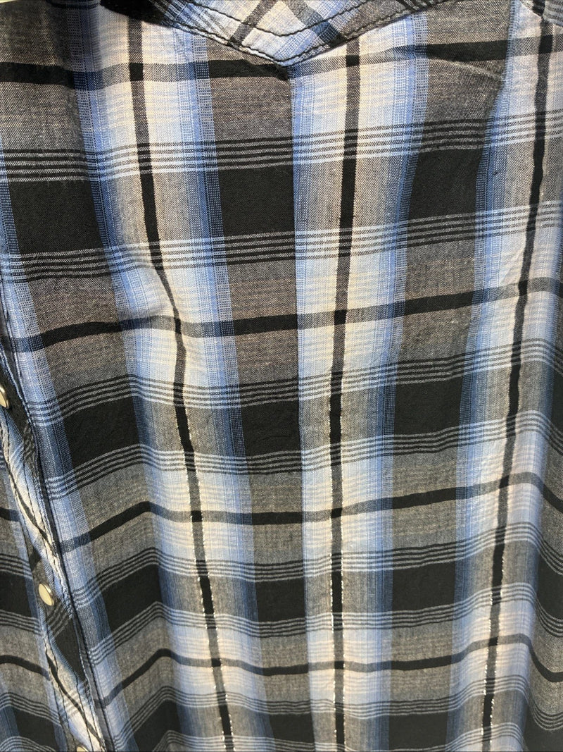 New Women’s Cumberland Blue Black Plaid Long Sleeve Pearl Snap XL GG-64
