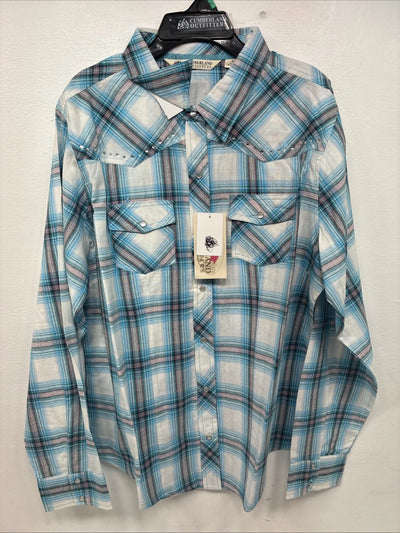 New Women’s Cumberland Blue Plaid Long Sleeve Pearl Snap XL  GG-79