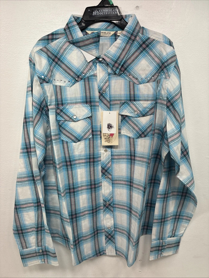 New Women’s Cumberland Blue Plaid Long Sleeve Pearl Snap XL  GG-79
