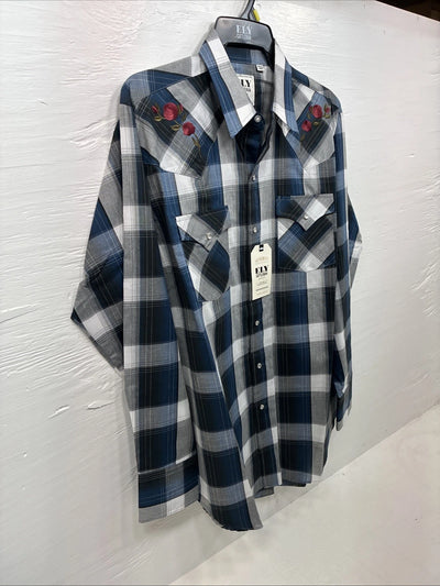New Emma ELY Cattleman Blue Gray Plaid Long Sleeve Pearl Snap Large AA-16