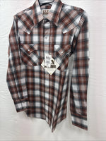 New Kids ELY Cattleman Orange Plaid Long Sleeve Pearl Snap Size 12 DD-37