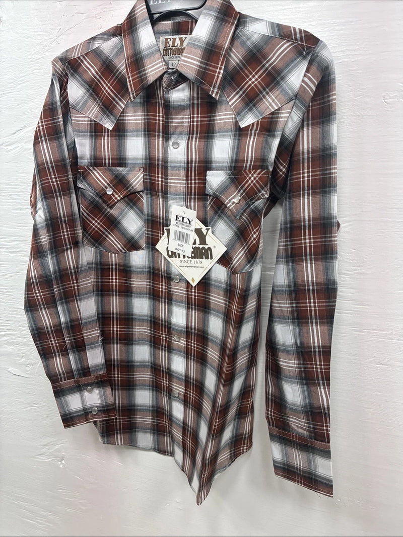 New Kids ELY Cattleman Orange Plaid Long Sleeve Pearl Snap Size 12 DD-37