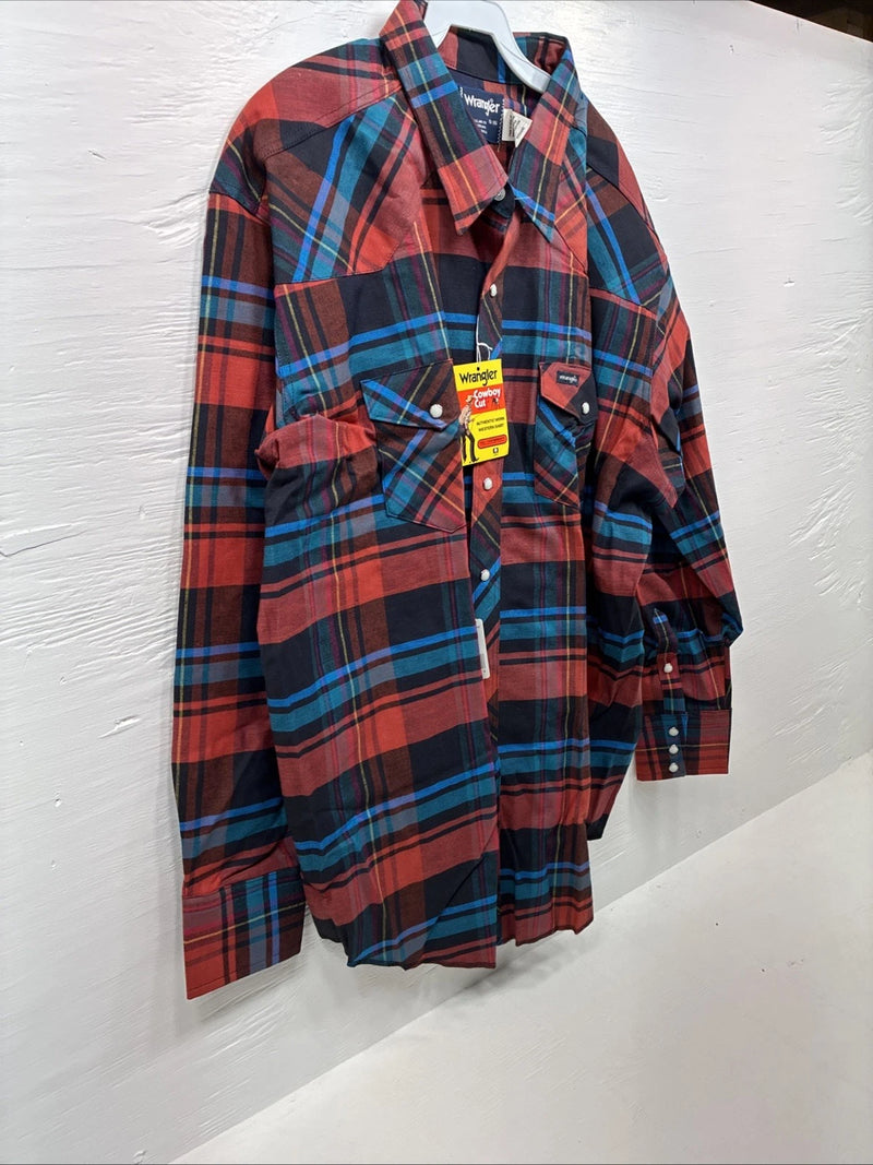 New Men’s Wrangler Red Blue Navy Flannel Long Sleeve Pearl Snap 20 X 36 XL H-60
