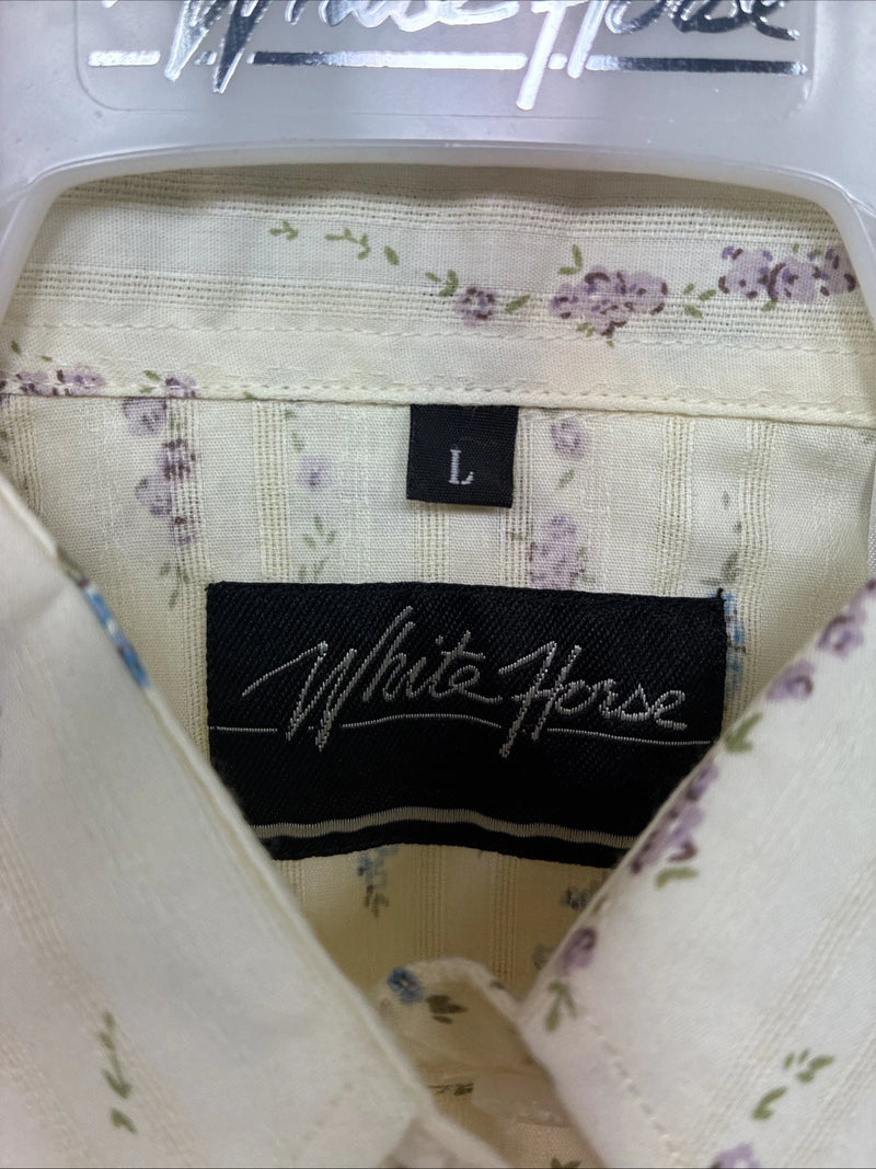 New Women’s White horse Yellow Floral Long Sleeve Pearl Snap Large GG-86