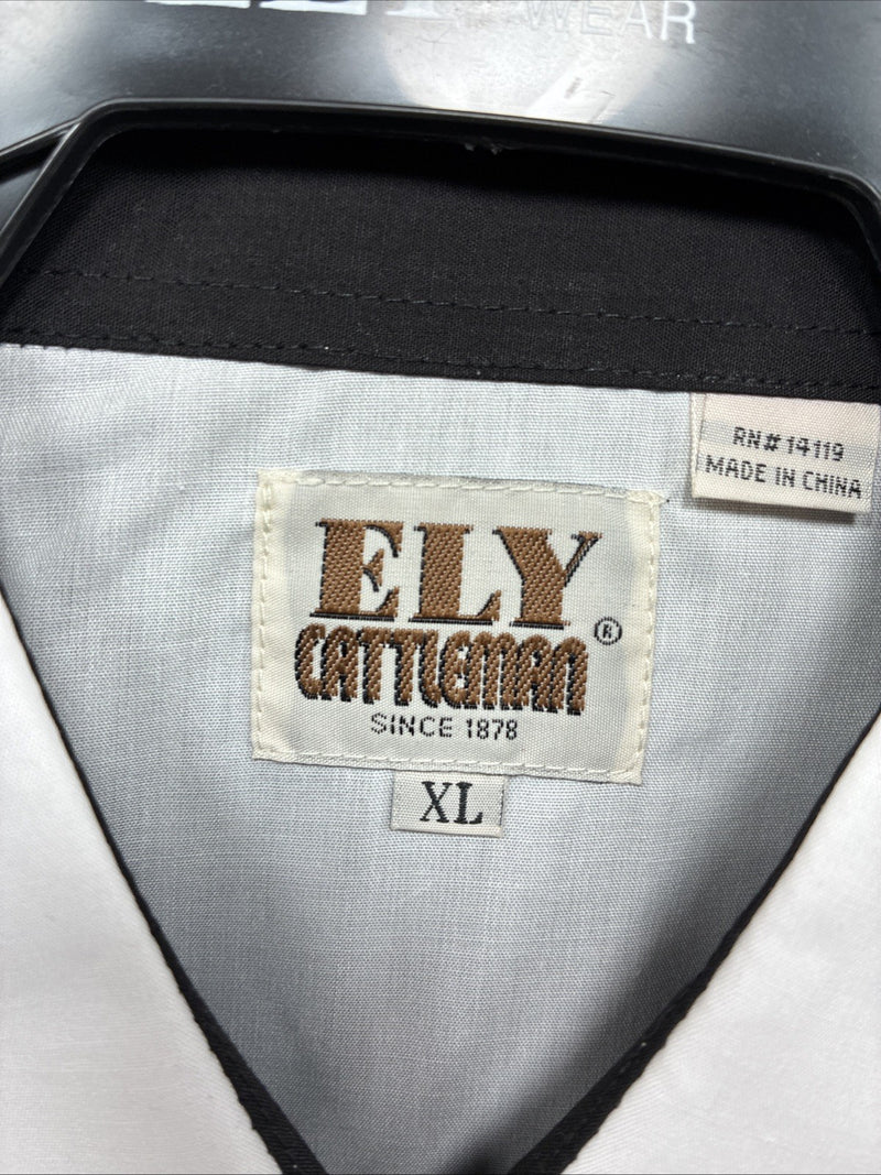 New Men’s ELY Cattleman White Black Embroidered Long Sleeve Pearl Snap XL H-65