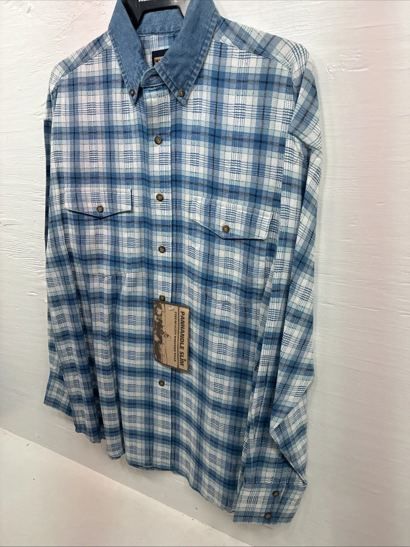 New Men’s Panhandle Slim Blue Plaid Long Sleeve Button Up Large AA-30