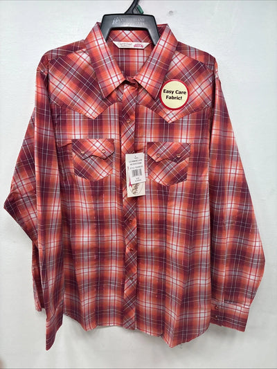 New Women’s Cumberland Pink orange Plaid Long Sleeve Pearl Snap XL GG-61