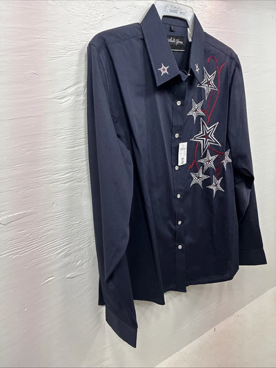 New Girls White Horse Blue Star Design Long Sleeve Pearl Snap Large CC-73