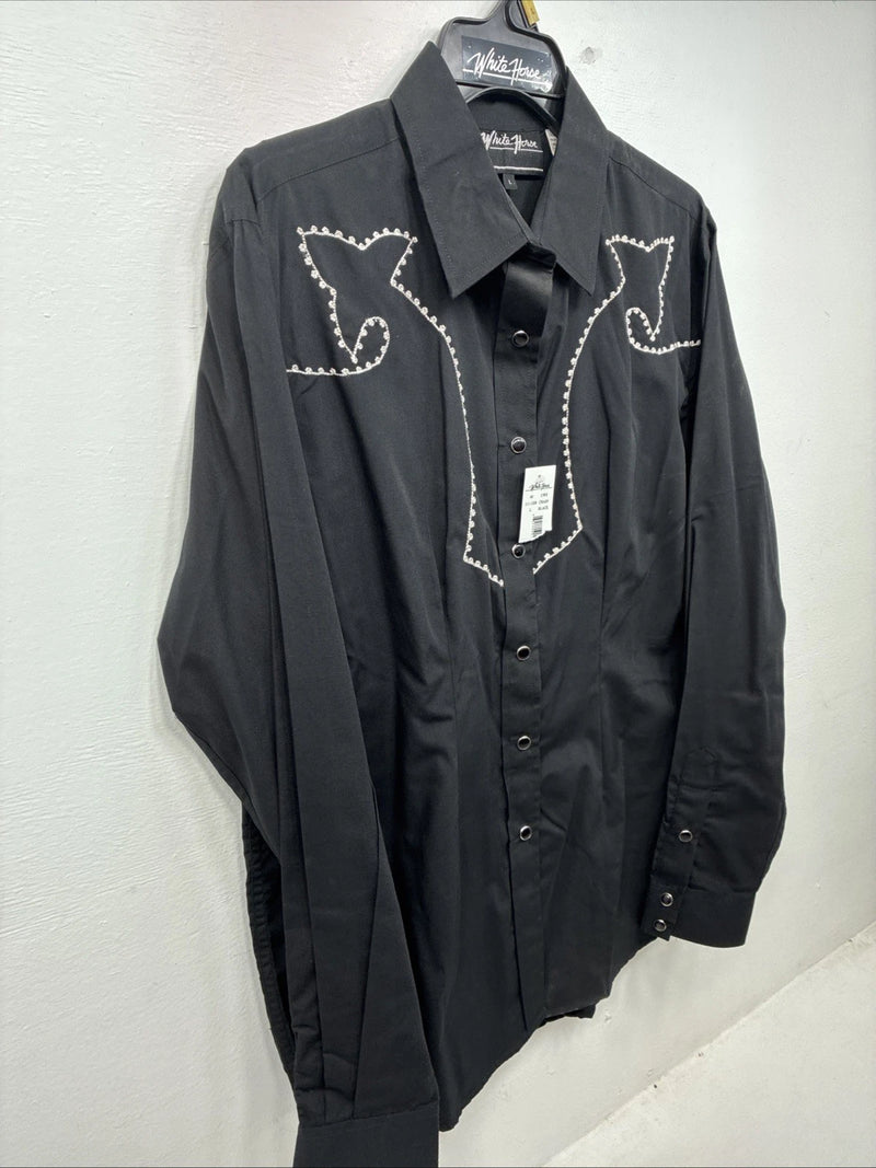 New Women’s White Horse Black Design Long Sleeve Pearl Snap Large KK-114