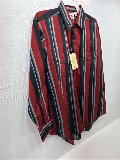 New Men’s ELY Cattleman Red Black Stripe Long Sleeve Pearl Snap 16.5 Large Q-33