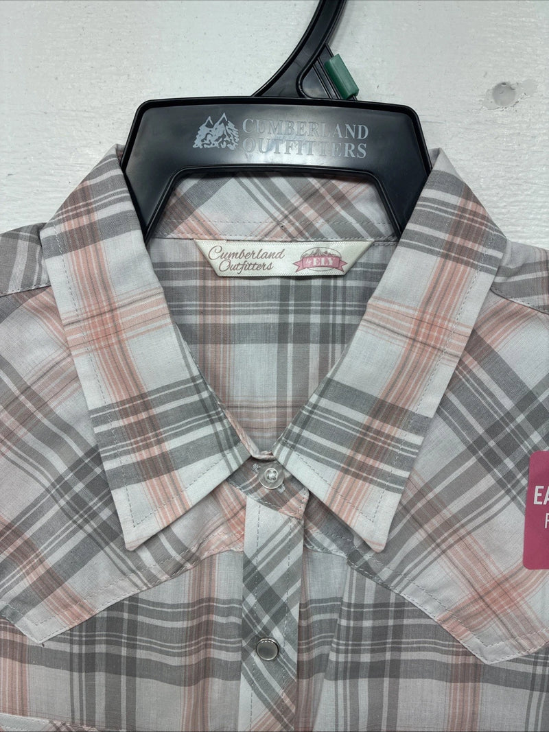 New Women’s Cumberland Pink Gray Plaid Short Sleeve Pearl Snap XL GG-76
