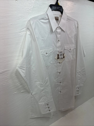 New Men’s ELY Cattleman White Long Sleeve Pearl Snap 16.5 X 34 Large AA-39
