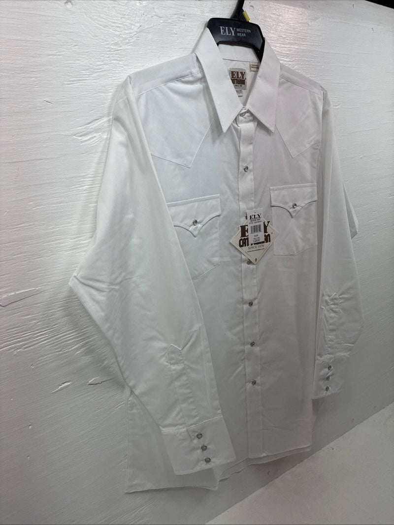 New Men’s ELY Cattleman White Long Sleeve Pearl Snap 16.5 X 34 Large AA-39