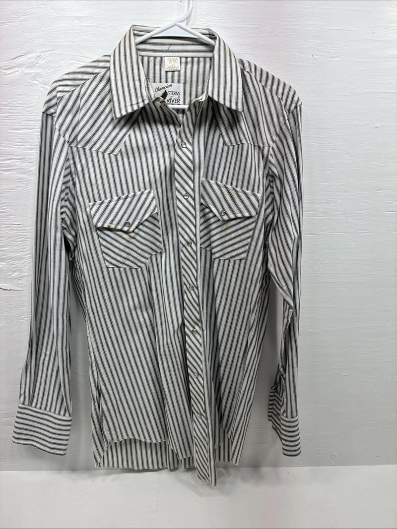 New Men’s Champion Western White Gray Stripe Long Sleeve Pearl Medium E-75