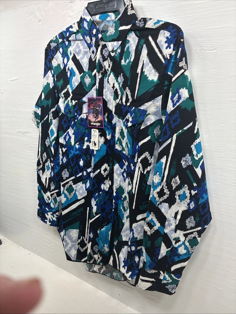 New Men’s Wrangler Black Blue Designed Long Sleeve Button Up 15.5 Medium V-87