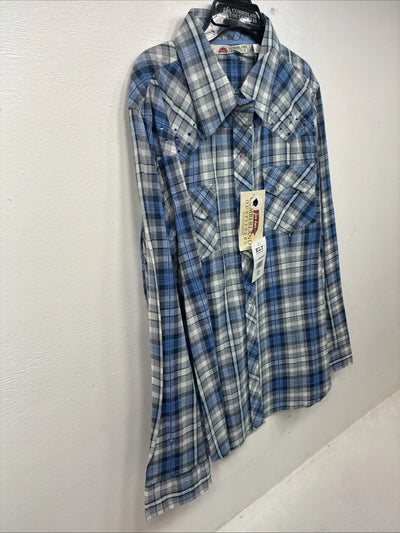 New Women’s Cumberland Blue Plaid Long Sleeve Pearl Snap 1XL GG-38
