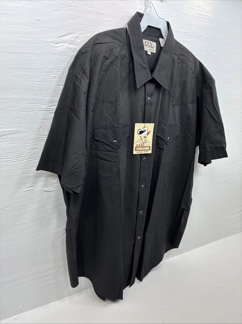New Men’s ELY Cattleman Black Western Short Sleeve Pearl Snap 18.5 2XL E-48