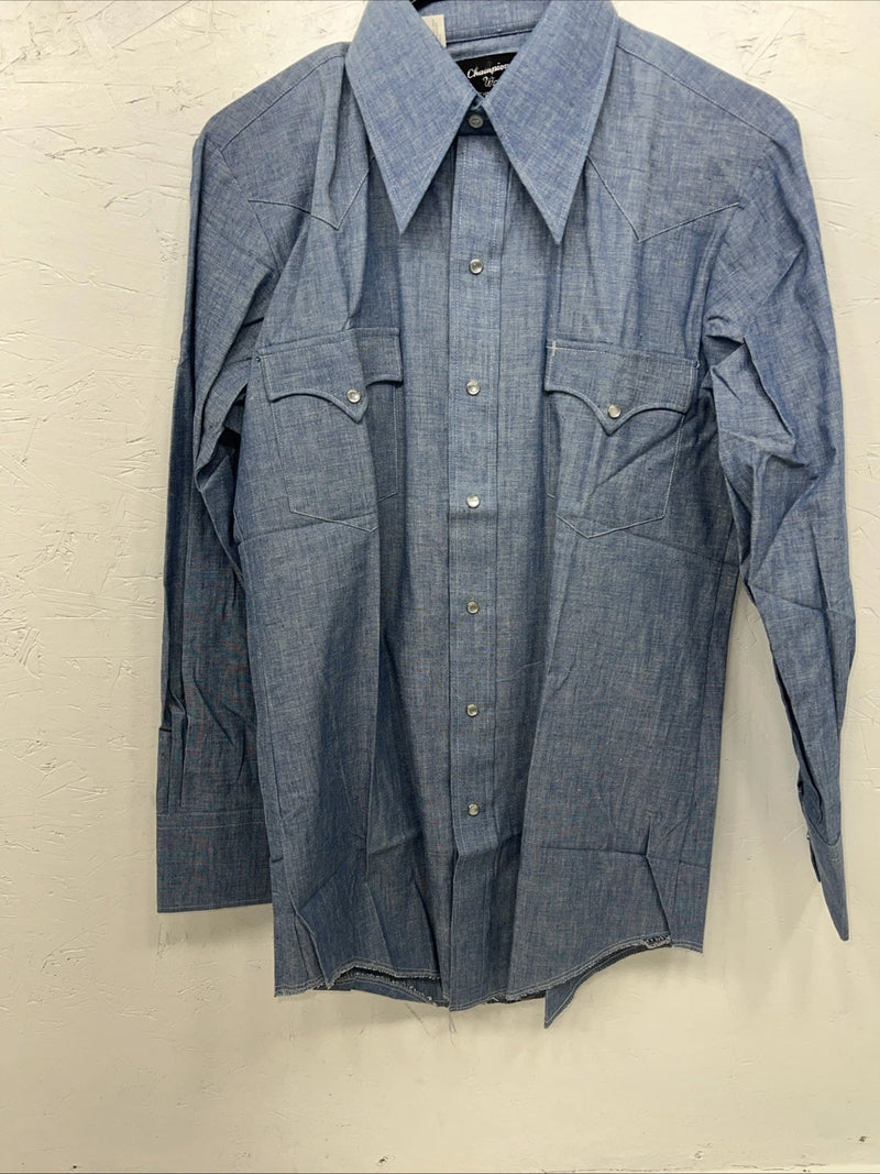 New Men’s Denim Champion Westerns Long Sleeve Pearl Snap Shirt. 15.5x33 M S-10