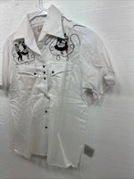 New Kids Rockmount White Black Design Short Sleeve Pearl Snap Size 34 CC-104