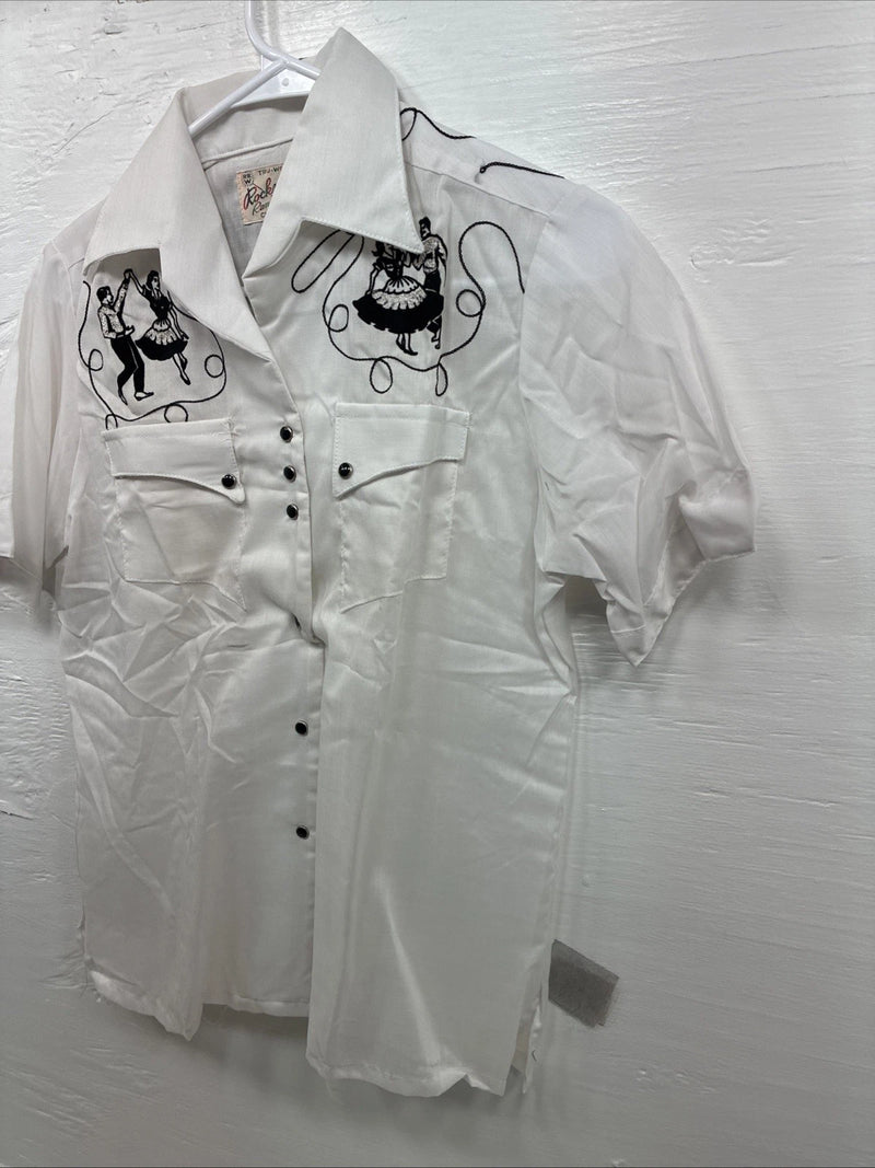 New Kids Rockmount White Black Design Short Sleeve Pearl Snap Size 34 CC-104