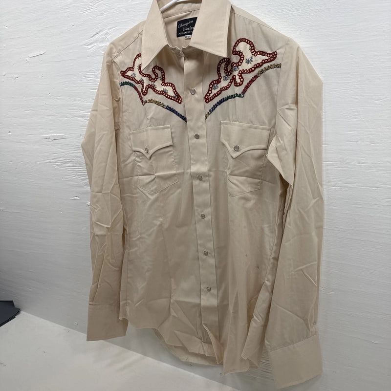 New Men’s Champion Western Cream Long sleeve pearl snap 15 X 34 medium B-74