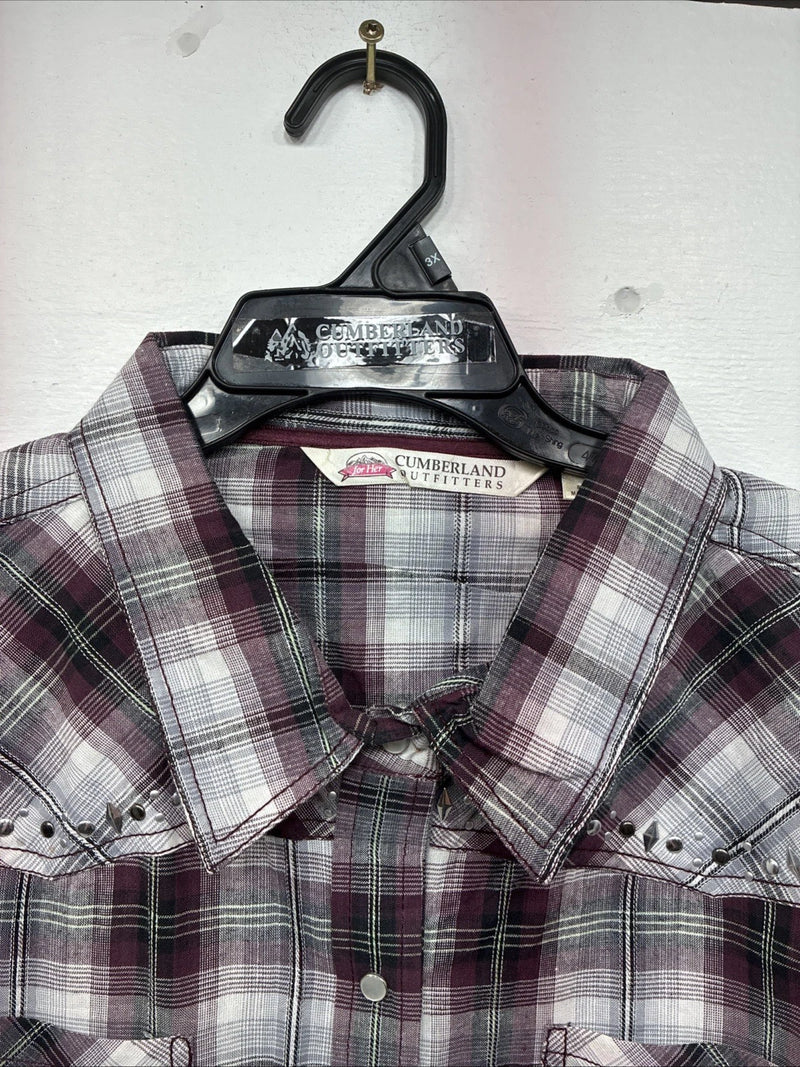 New Women’s Cumberland Purple Plaid Long Sleeve Pearl Snap 3XL GG-33