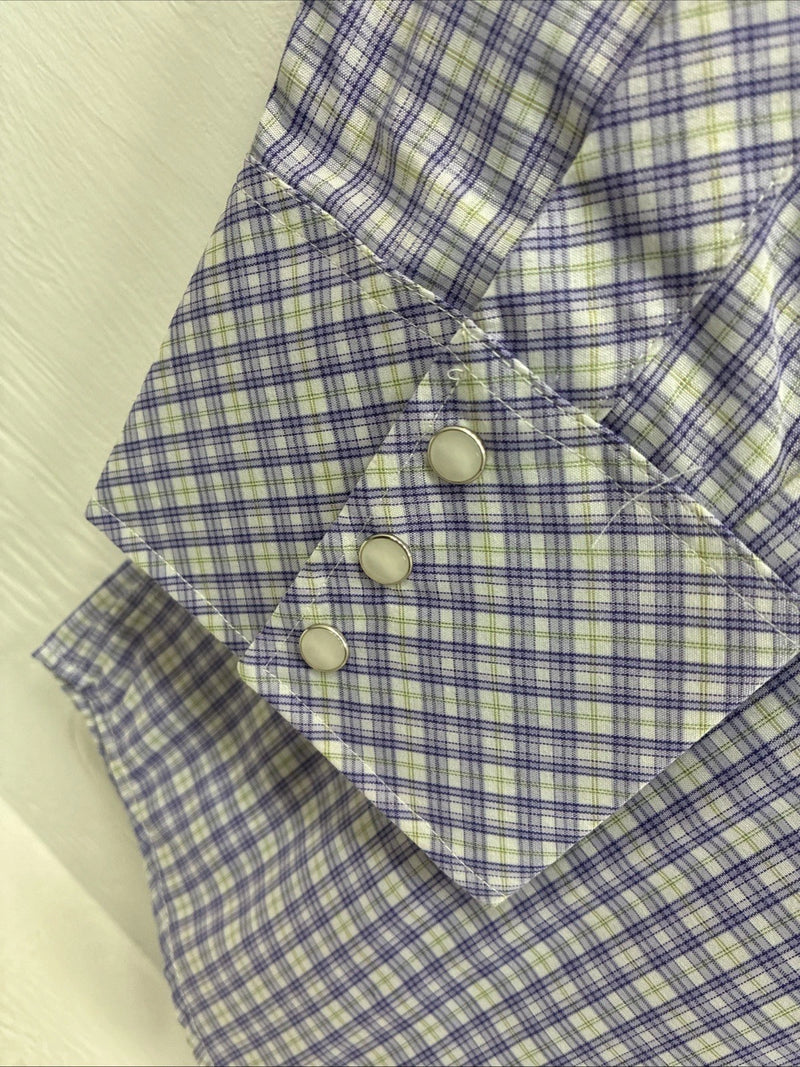 New Men’s White Horse Purple Plaid Long Sleeve Pearl Snap XL M-70