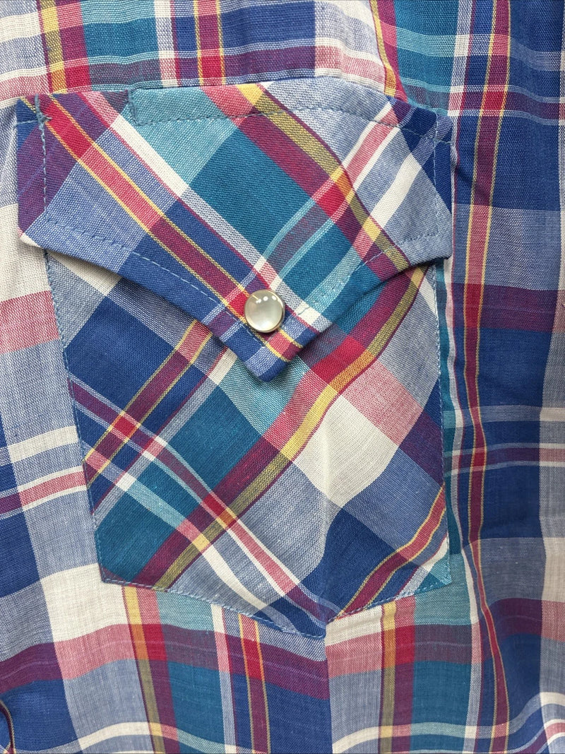 New Men’s ELY Cattleman Blue Plaid Short Sleeve Pearl Snap Medium AA-116 